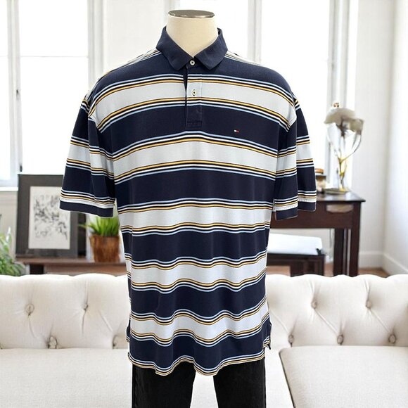 Tommy Hilfiger Striped Polo Shirt XXL Navy Y2K Retro Menswear Classic Fit - Picture 1 of 8